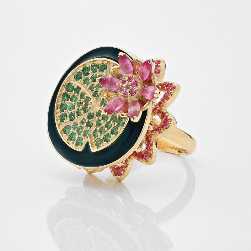 Gold | Tsavorite Lotus | Flower Ring online from Kajal Naina