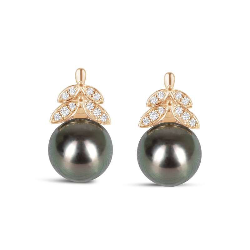 Double Diamond Leaf Tahitian Pearl Earrings