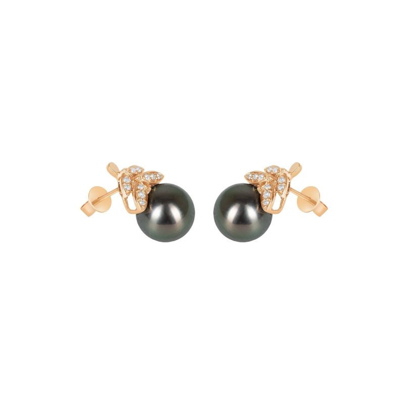 Double Diamond Leaf Tahitian Pearl Earrings