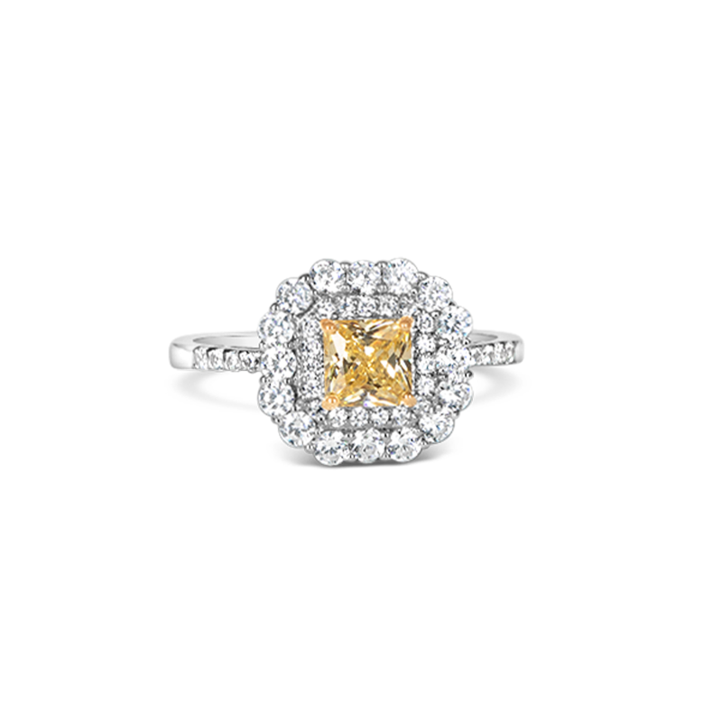 Elegant Yellow centre with Double halo Silver Ring