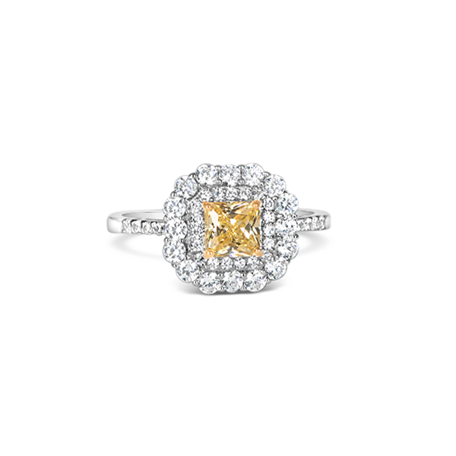 Elegant Yellow centre with Double halo Silver Ring