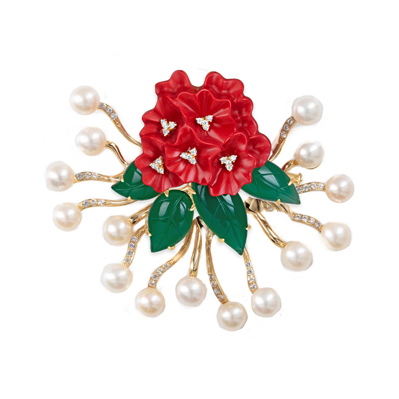Mountain Beauty Laligurans Pendant/Brooch  with Pearl Splash ( Red flower / Green leaf )