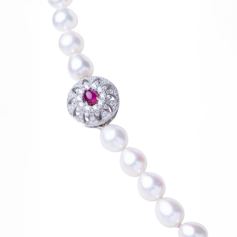 Bella White Oval Pearl Necklace /Ruby Clasp