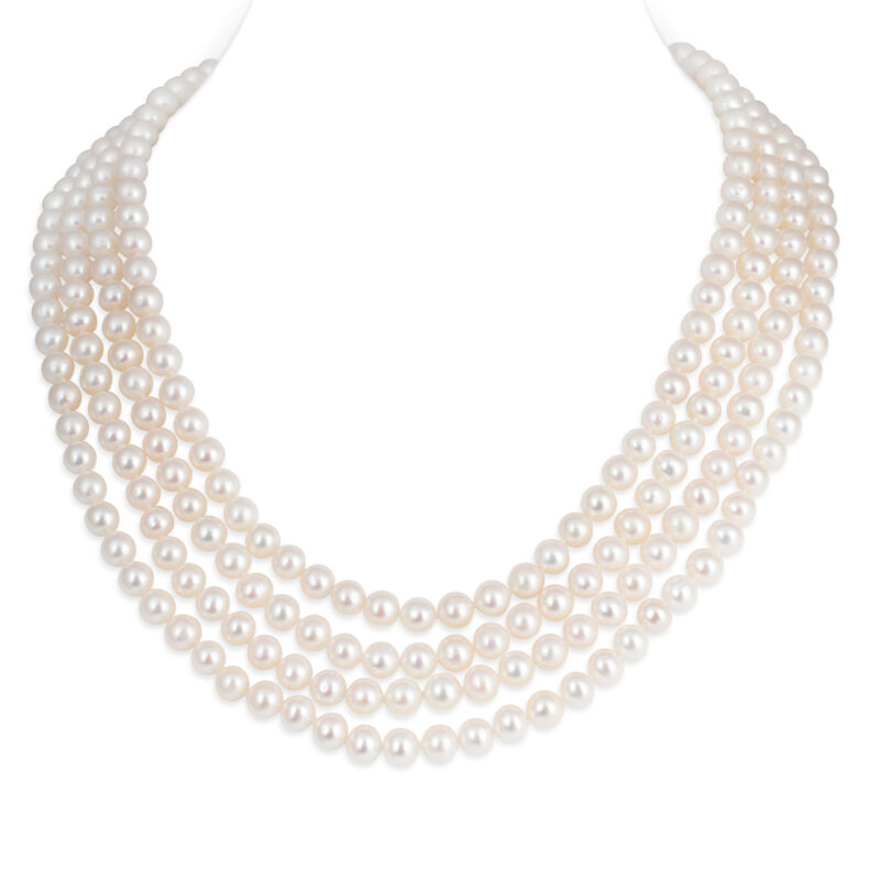 4 Strands Round Pearl Necklace with Silver Clasp