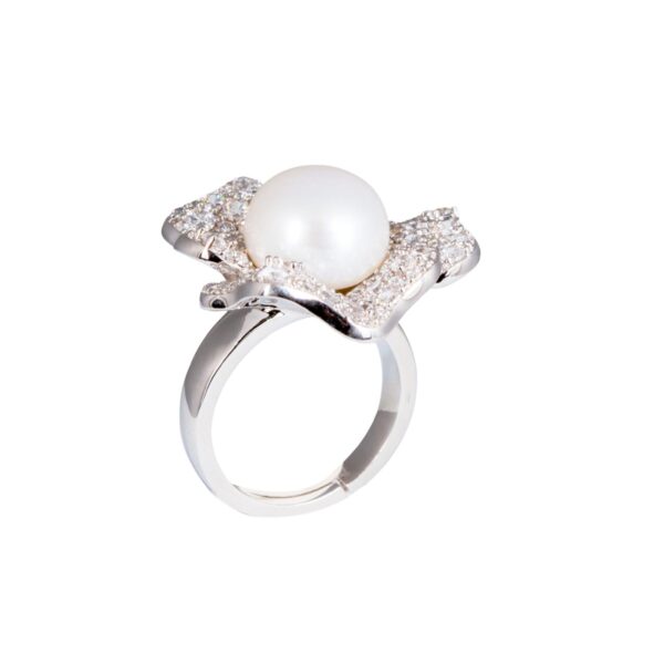 Exquisite Silver Pave Flower & Pearl Ring – KN (Adjustable)