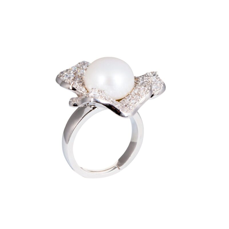 Exquisite Silver Pave Flower & Pearl Ring – KN (Adjustable)