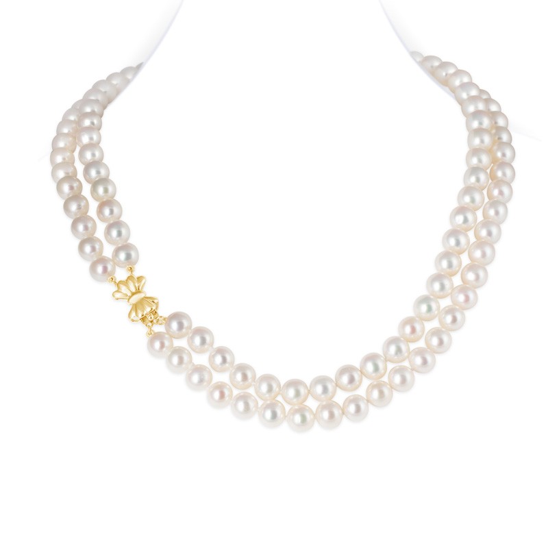 Marilyn Double Strand Round Pearl Necklace (Bow Clasp)