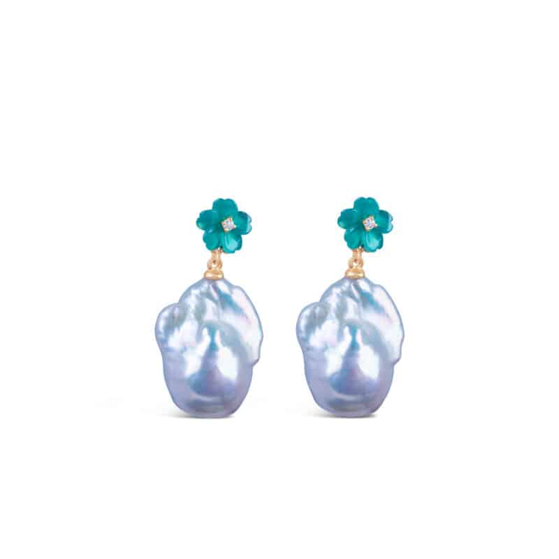 Green Flower Baroque Pearl drop Earrings