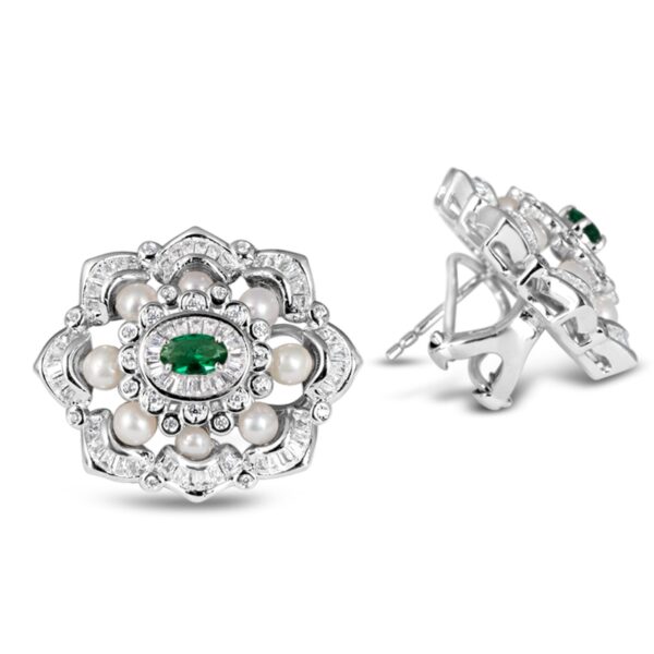 Exquisite Silver Pave Greta Pearl Earrings with Emerald – KN