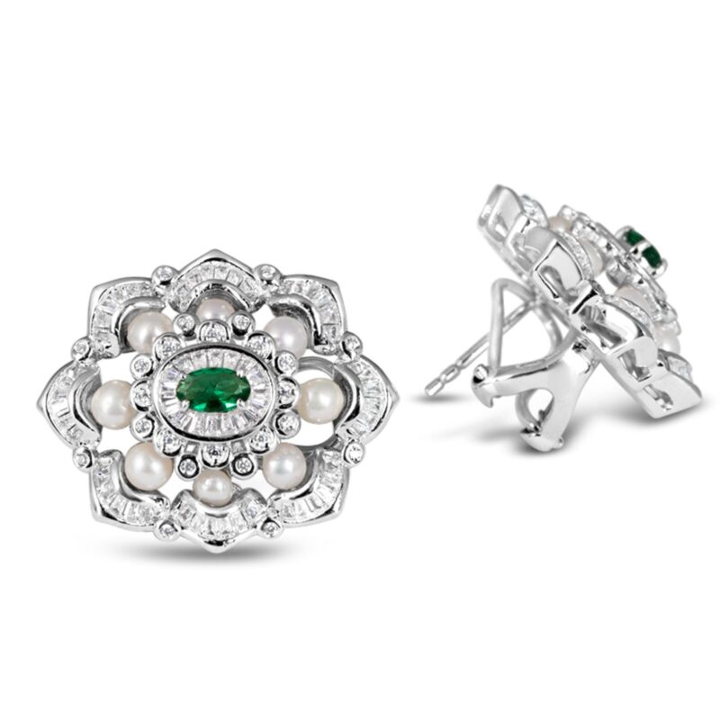 Exquisite Silver Pave Greta Pearl Earrings with Emerald – KN