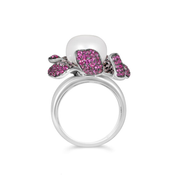 Exquisite Silver Pave Ruby & Sapphire Pearl Ring – KN (Adjustable)