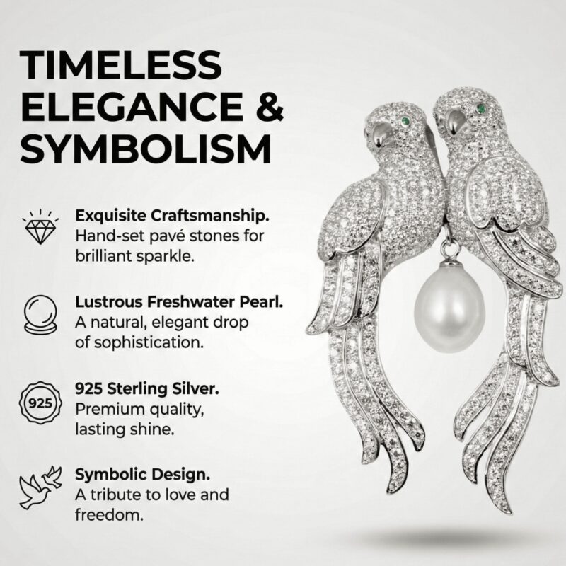 Exquisite Silver Two Birds & Pearl Brooch - KN