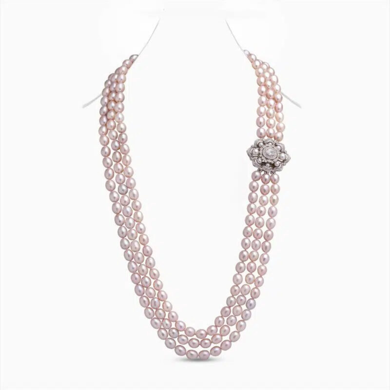 Greta 3 strand Lavender Oval Pearl necklace/ Diamond 26 inches