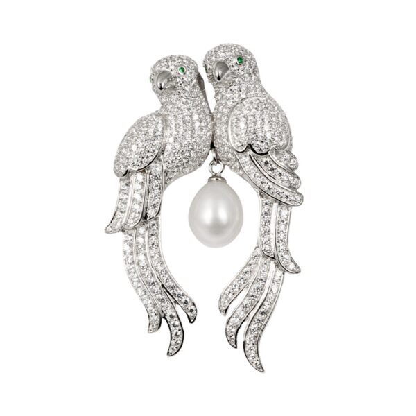 Exquisite Silver Two Birds & Pearl Brooch - KN