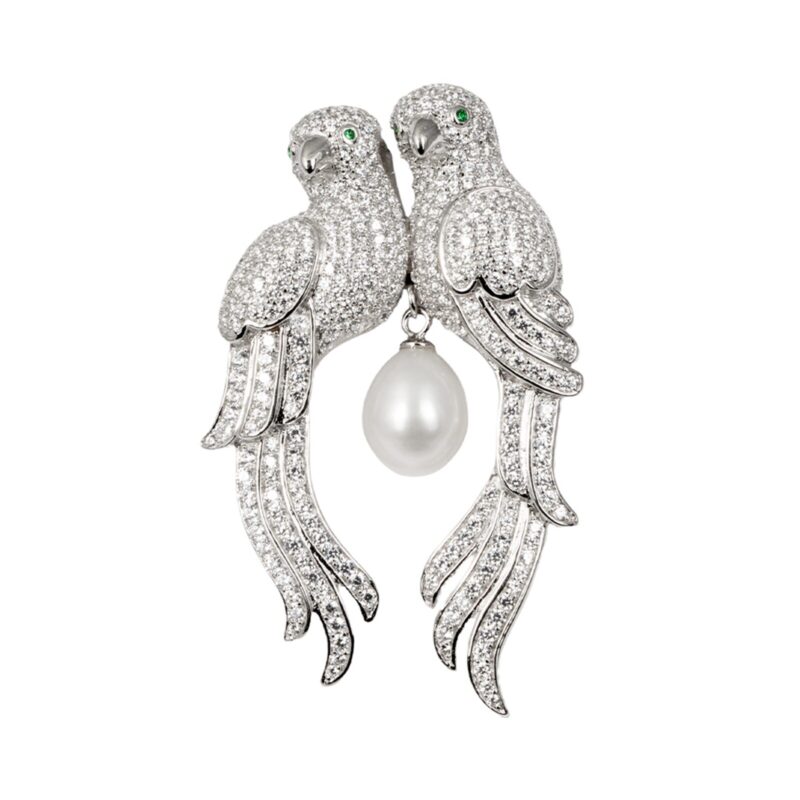 Exquisite Silver Two Birds & Pearl Brooch - KN