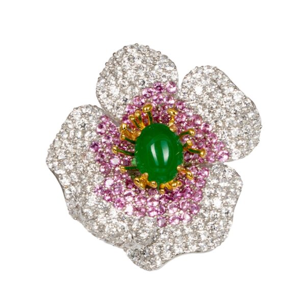 Exquisite Silver Pave Pink & Green Flower Brooch / Pendant- KN