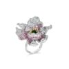 Exquisite Silver Sapphire Emerald Flower Ring – KN (Adjustable)