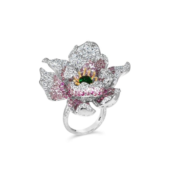 Exquisite Silver Sapphire Emerald Flower Ring – KN (Adjustable)
