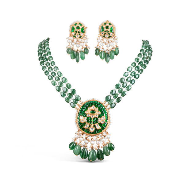 Noor Green Long Necklace + Earring Polki Set B