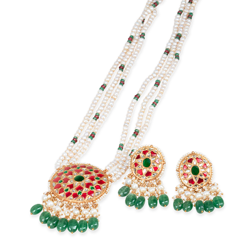 Noor Green Long Pearl Necklace + Earring Polki Set E