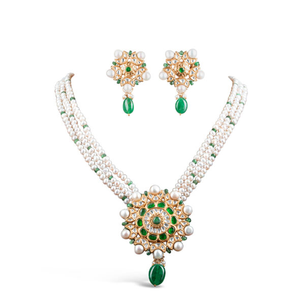 Noor Green Long Pearl Necklace + Earring Polki Set C
