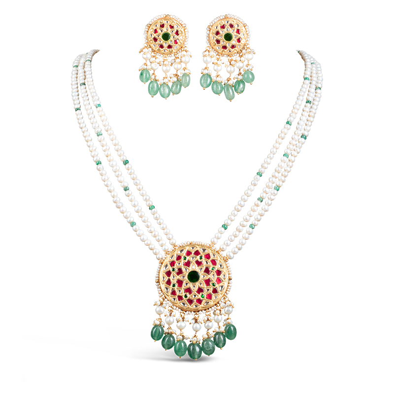 Noor Green Long Pearl Necklace + Earring Polki Set D