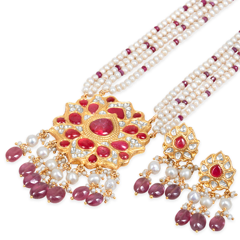 Noor Red Long Pearl Necklace + Earring Polki Set B