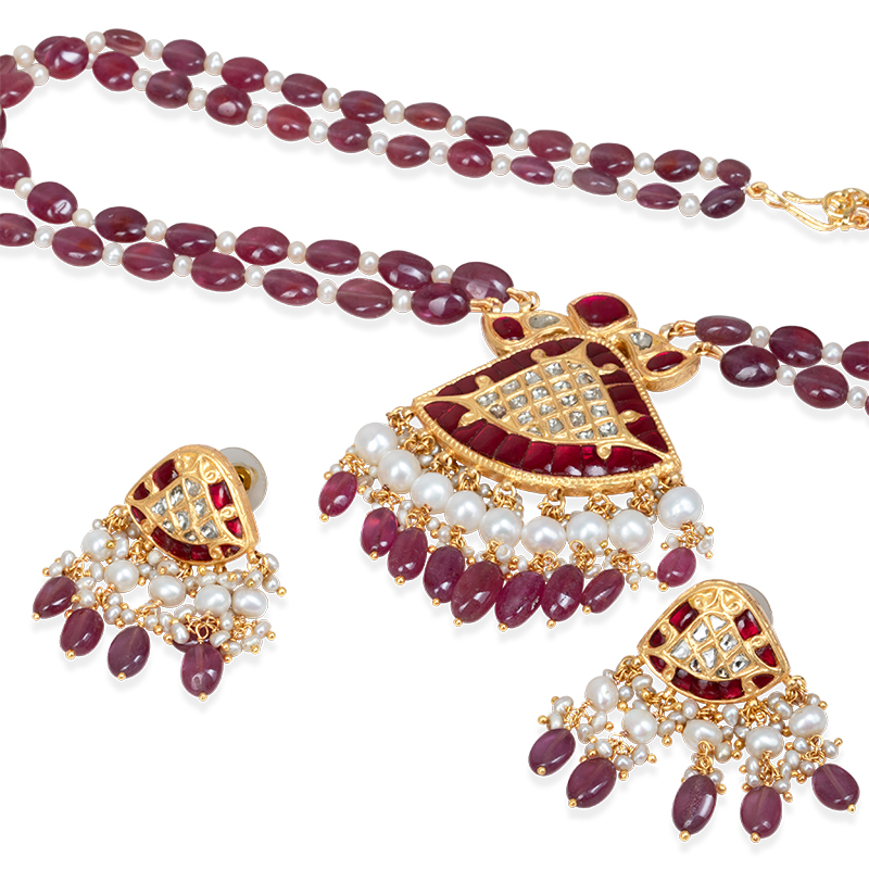 Noor Red Long Necklace + Earring Polki Set E