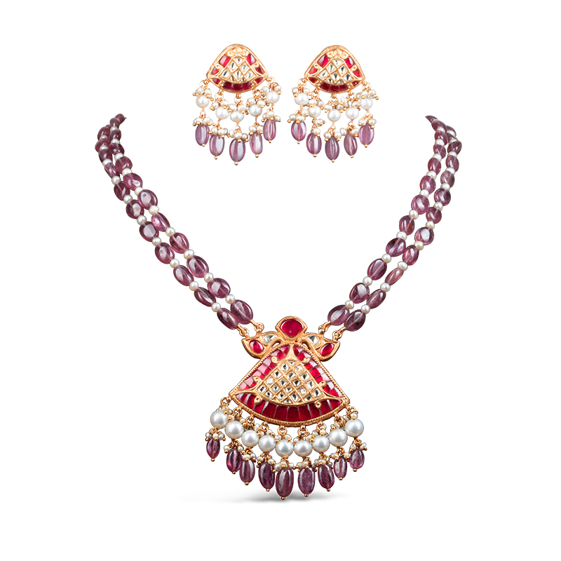 Noor Red Long Necklace + Earring Polki Set E