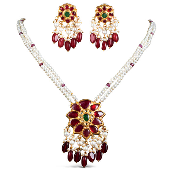 Noor Red Long Pearl Necklace + Earring Polki Set F