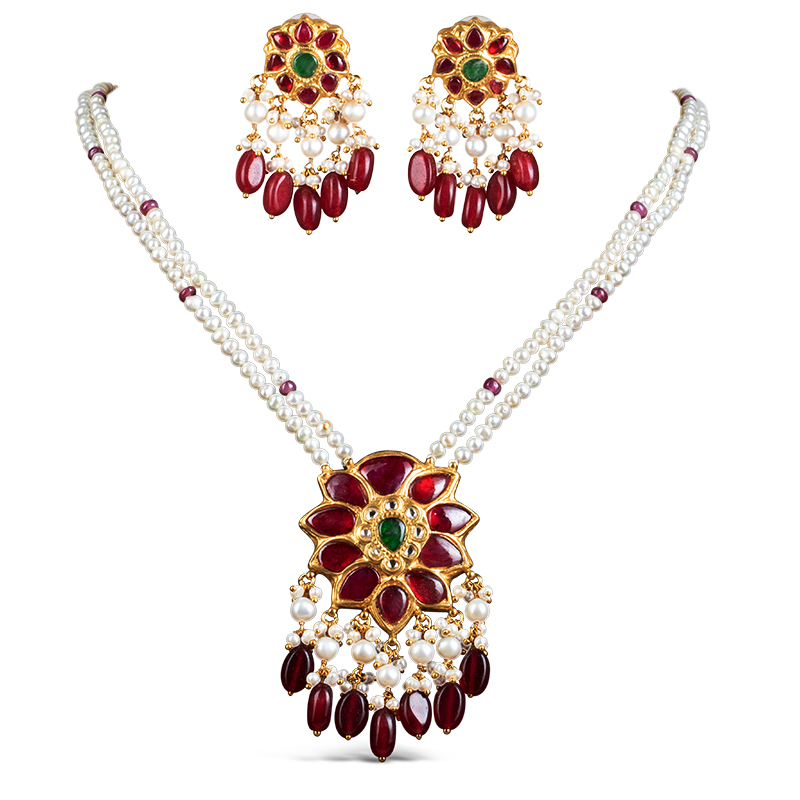 Noor Red Long Pearl Necklace + Earring Polki Set F
