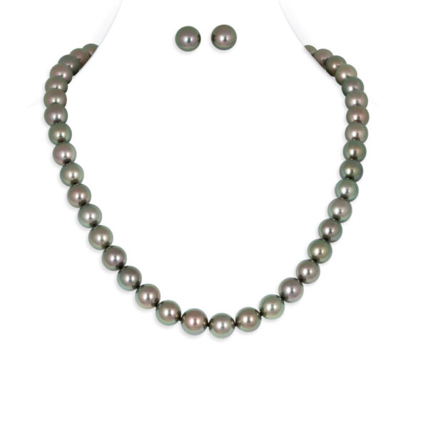 Tahitian Round Pearl Necklace & Studs Set 2 (Silver Clasp)