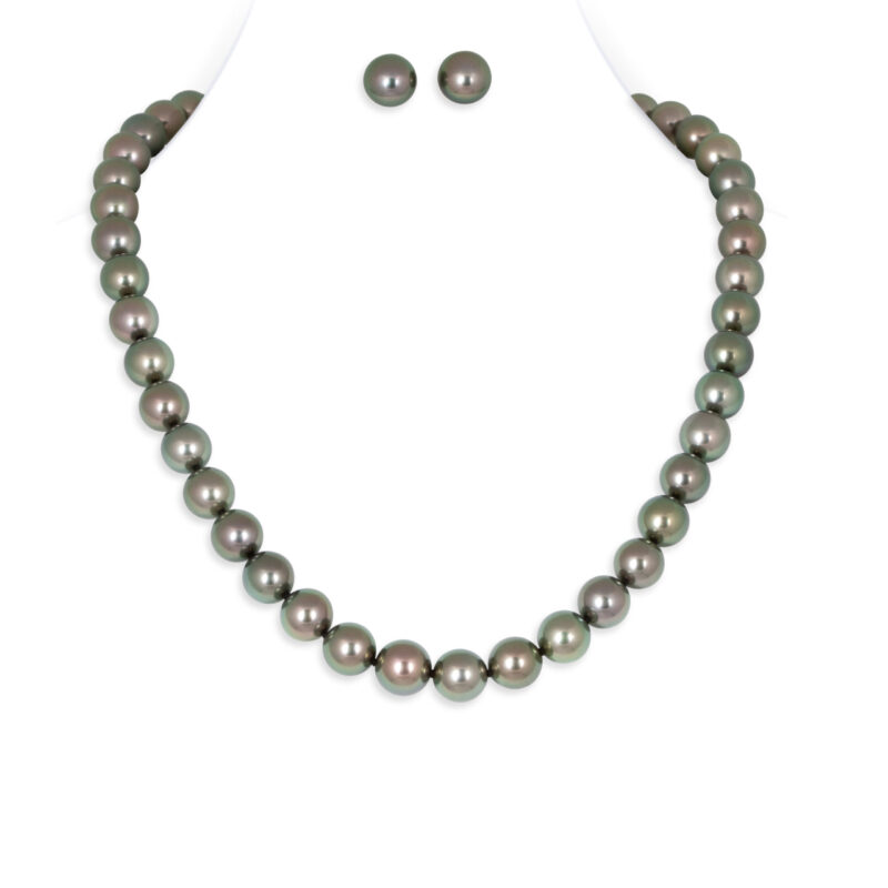 Tahitian Round Pearl Necklace & Studs Set 2 (Silver Clasp)