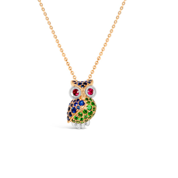 The Seeker Owl Pendant (Blue Sapphire & Tsavorite)