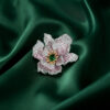 Exquisite Silver Pave Pink & Green Flower Brooch / Pendant- KN