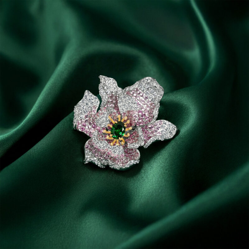 Exquisite Silver Pave Pink & Green Flower Ring – KN (Adjustable)