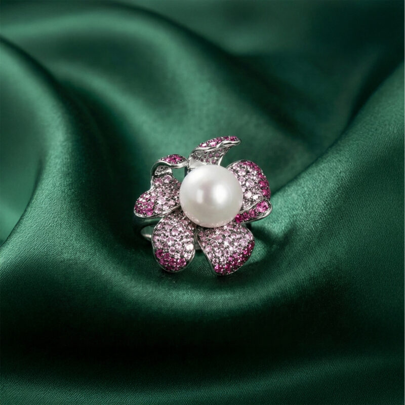 Exquisite Silver Pave Ruby & Sapphire Pearl Ring – KN (Adjustable)