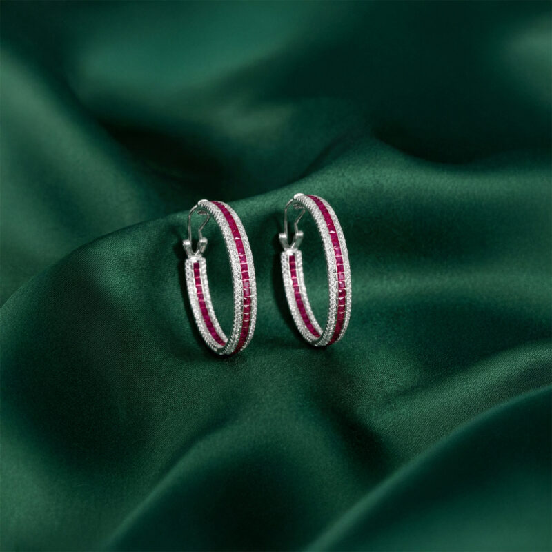 Elegant Ruby & CZ Silver Hoop Earrings
