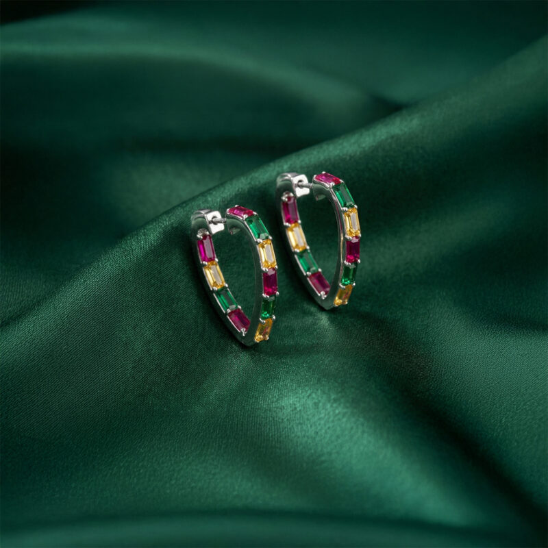 Elegant Multi-colour Heart Silver Hoop Earrings