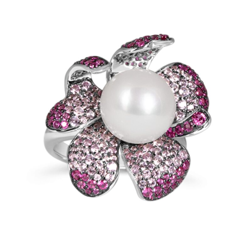 Exquisite Silver Pave Ruby & Sapphire Pearl Ring – KN (Adjustable)