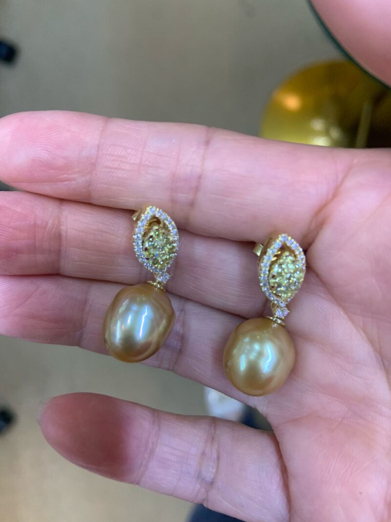 Glory Yellow Diamond and Golden South Sea Pearl  Ear Drops