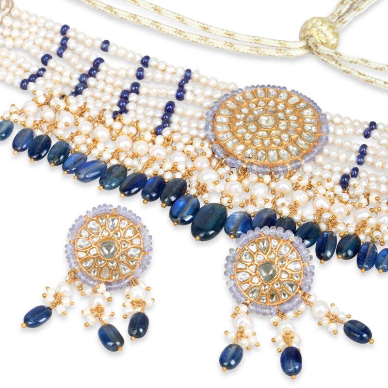 Zeenat Blue Pearl Choker + Earring Polki Set A
