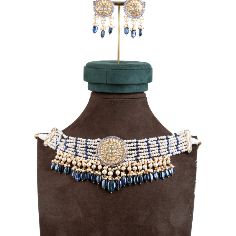 Zeenat Blue Pearl Choker + Earring Polki Set A