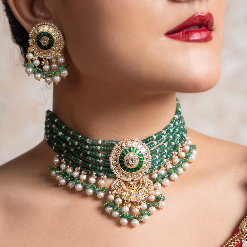 Zeenat Green Choker + Earring Polki Set C
