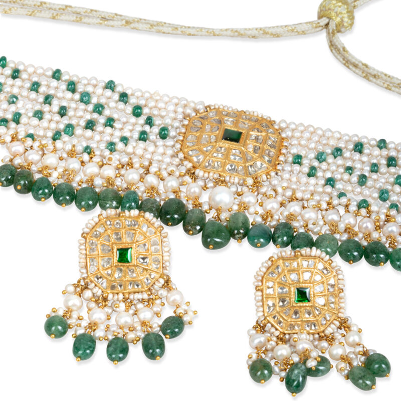 Zeenat Green Pearl Choker + Earring Polki Set B
