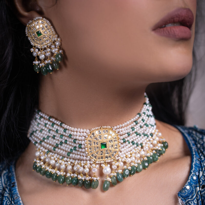 Zeenat Green Pearl Choker + Earring Polki Set B