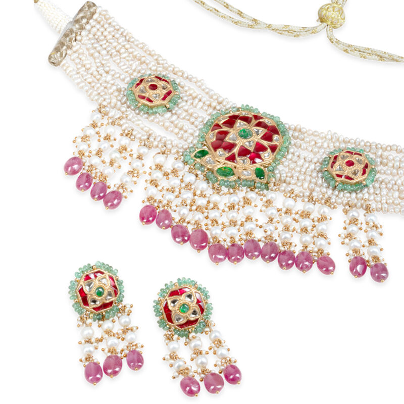 Zeenat Red Choker + Earring Polki Set A