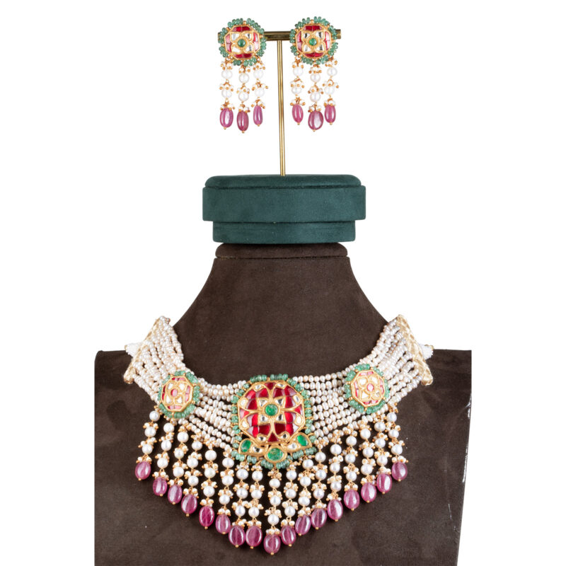 Zeenat Red Choker + Earring Polki Set A