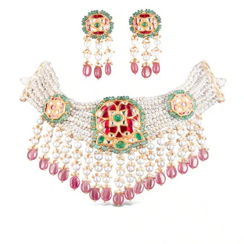 Zeenat Red Choker + Earring Polki Set A