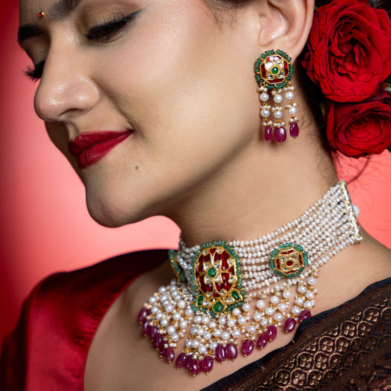 Zeenat Red Choker + Earring Polki Set A
